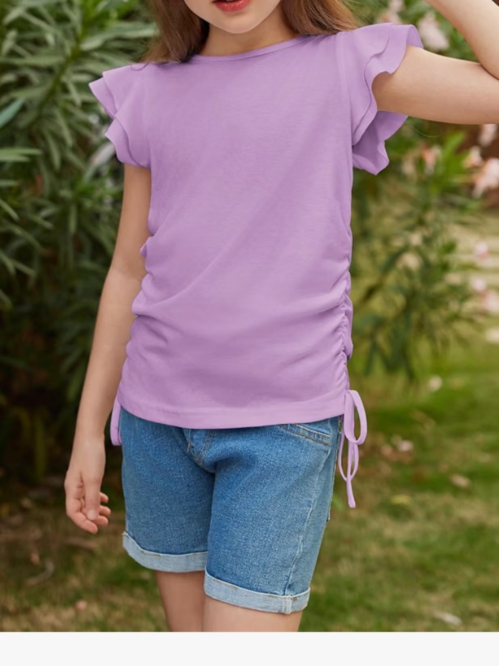 Girls' Lavender Ruffle Sleeve Tie-Ruched Tee